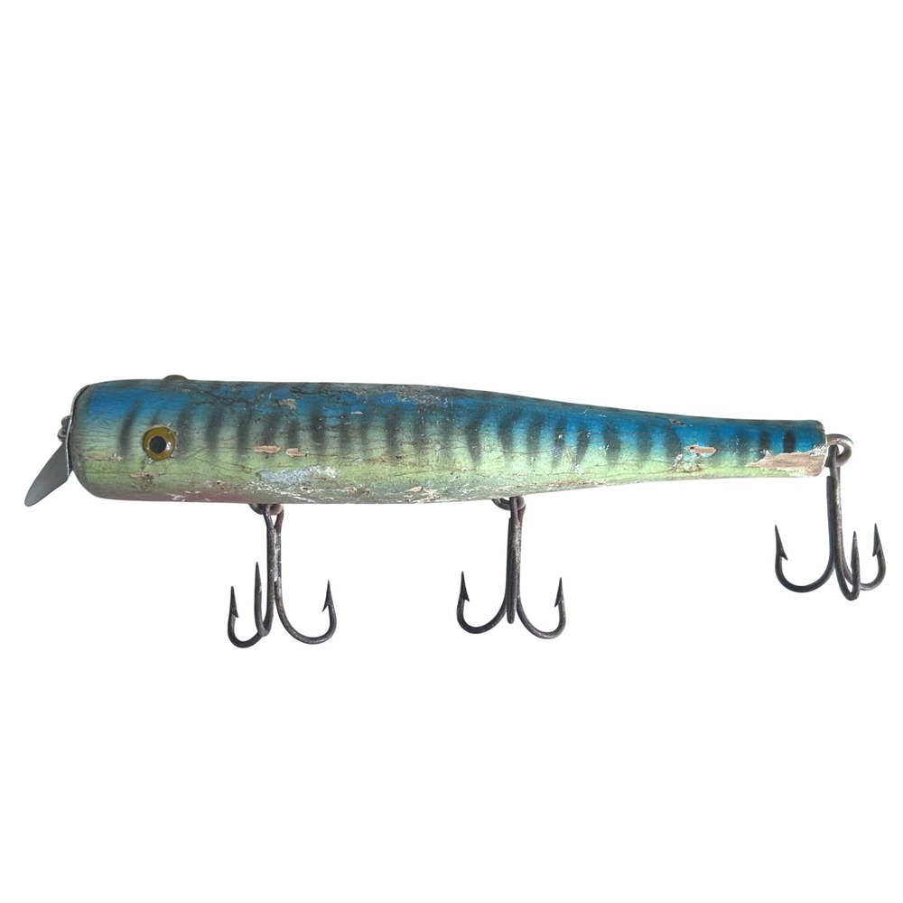 Vintage L Bumpy Rod 9" Wooden Fishing Lure Blue Green Mackerel Stamford Conn